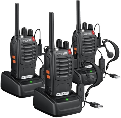 Proster 3PCS Uppladdningsbara Walkie Talkies PMR446 Långdistans Walkie Talkie med 16 Kanaler, Hörsnäckor, LED-ficklampa, VOX-funktion för Restauranger, Skolor, Hotell, Stormarknader, etc.