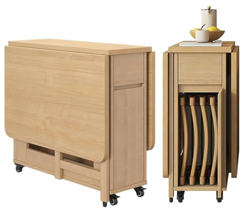 Extendable Folding Dining Table Set, Solid Wood Drop Leaf Table 4 Chairs