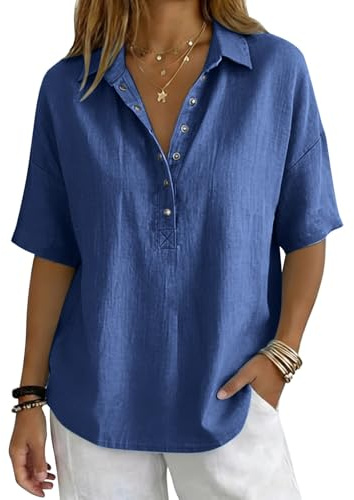 Generico Camicia Estiva Donna Blusa Lino Elegante Camicetta Manica Corta Scollo a V Button Down Magliette Tinta Unita Cotton Lavoro Casual Tops Estive T Shirt