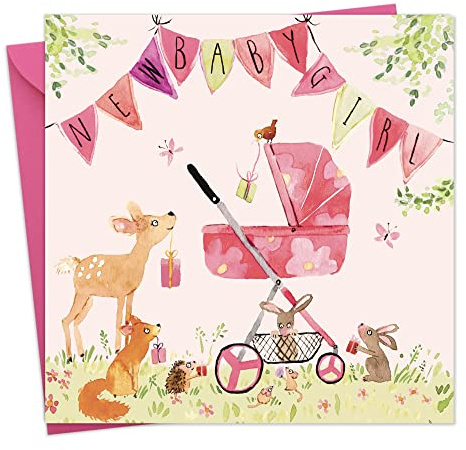 Twizler carte de naissance fille avec rose Landau, fanions et Woodland animaux – Neuf – Naissance bébé fille carte Essentials – carte de félicitations
