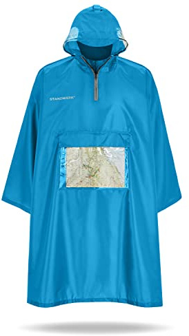 STANDWERK® Regenponcho - Mit Ärmeln und Brusttasche für Damen und Herren, Brusttasche für Handy, Reflektoren, seitliche Fenster (L/XL