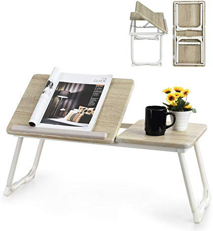 MEUBLE COSY Table de lit Support d'ordinateur portable pliable hauteur réglable Plateau finition chêne Piètement métal blanc , blanc /65x30x27.5 cm