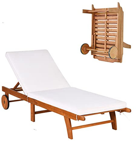 RELAX4LIFE Klappbarer Gartenliege Holz, Sonnenliege mit Rollen, Liegestuhl mit Verstellbarer Rückenlehne & abnehmbarem Kissen, Relaxliege für Garten & Balkon & Terrasse, bis 160 kg belastbar, Beige