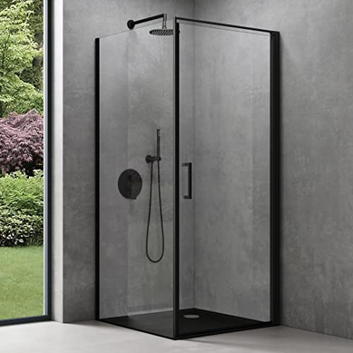 doporro Cabine de Douche en Angle Montage réversible Noir 80x100x195 Paroi de Douche Design Ravenna36K-Plus Porte Pivotante Autolevante en Verre Transparant de 8mm