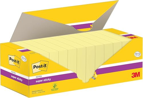 Post-it Super Sticky Notes, Vorteilspackung mit 24 Blöcken, 90 Blatt pro Block, 76 mm x 76 mm, Farbe: Gelb - Extra-stark klebende Notizzettel für Notizen, To-Do-Listen und Erinnerungen, Mittel