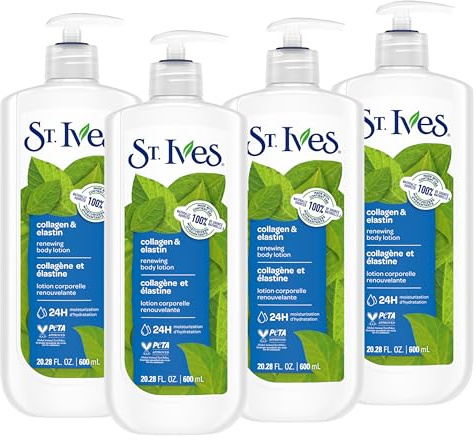 St. Ives Renewing Hand & Body Lotion for Women with Pump, Daily Moisturizer Collagen Elastin for Dry Skin, Made with 100% Natural Moisturizers, 21 fl oz, 4 Pack