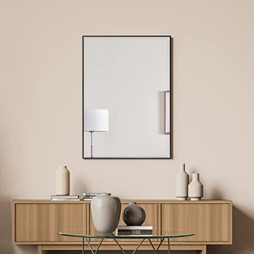 [en.casa] Specchio da Parete 50 x 70 cm Specchio Rettangolare a Taglio Sfaccettato Fissaggio Verticale-Orizzontale Cornice in Plastica Nero