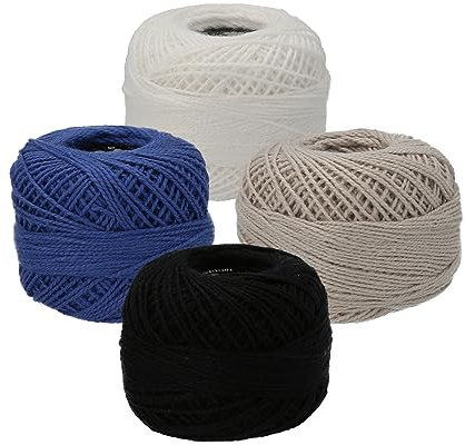 Baumwoll-Nähgarn-Set 4 Rollen, je 86m – Robustes Stopfgarn in Schwarz, Blau, Grau & Weiß, Stärke 8 für Handarbeit, Socken, Basteln – Kompatibel mit Universalnadel & Stopfzubehör