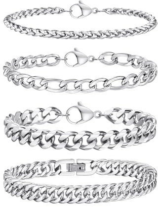 TempBeau Armband Herren Silber Armkette : 4Pcs Armbänder für Männer Edelstahl 19cm Armreif Panzerkette Hip Hop Rapper Glieder Link Armkette Modeschmuck fur papa freund Schmuck Geschenk