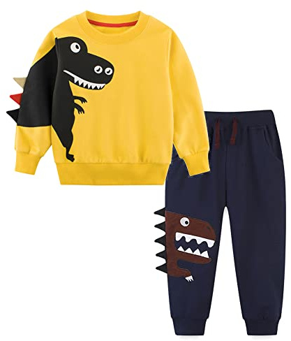 Volunboy Bebé Niños Dinosaurios Sudadera Trajes, Algodón Crewneck Estampado Pulóver Chándal(Amarillo,1-2 años,Tamaño 90)