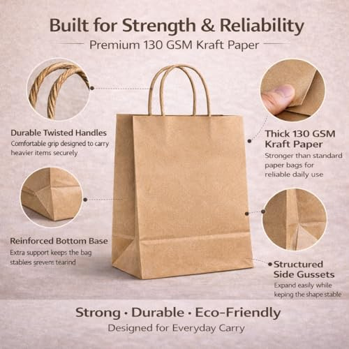HURUC 100 st bruna papperspåsar med handtag, små papperspåsar, miljövänliga kraftshoppingväskor för bröllop, jul, påsk, födelsedagsfester och varudetaljhandel 18 x 24 x 8 cm