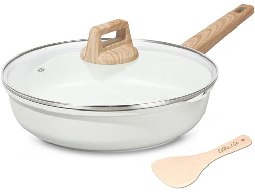 ESLITE LIFE Große Antihaftbeschichtete Bratpfanne Pfannen mit Deckel, gesunde Granitbeschichtung, Ei, Omelett-Pfanne, Stein-Kochgeschirr, PFOA-frei (cremefarben, 20,3 cm mit Deckel und Pfannenwender)