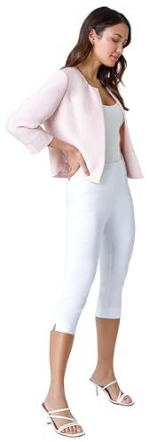 Roman Originals Cropped Bolero Jacket for Women UK Ladies Wedding Guests Shrug Jacquard Tailored Fitted Blazer Smart Work Formal Evening Short Round Collar 2 Pockets - Size 14 - Plain Light Pink