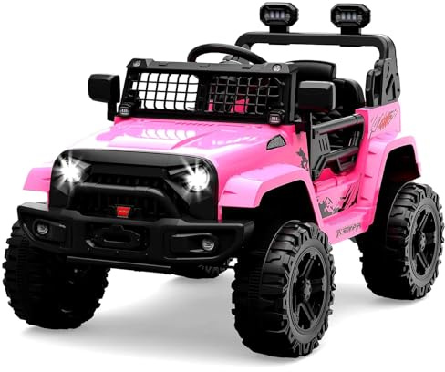 Voiture électrique pour enfants de 3 à 8 ans, 12 V, avec télécommande 2,4 GHz, suspension à ressort, lumières LED, Bluetooth, 2 vitesses, pour enfants de 3 à 8 ans, rose