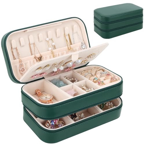 DesignSter Jewellery Box Organiser, Small Portable Travel Jewellery Case with 2 Zippers for Rings Earrings Necklace, Double Layers PU Leather Jewellery Storage Box, Dark green