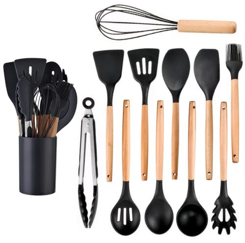 LiangYuanZen Práctico juego de 12 utensilios de cocina, silicona y mangos de madera, resistente al calor, antiadherente y fácil de limpiar, juego de utensilios de cocina, apto para lavavajillas