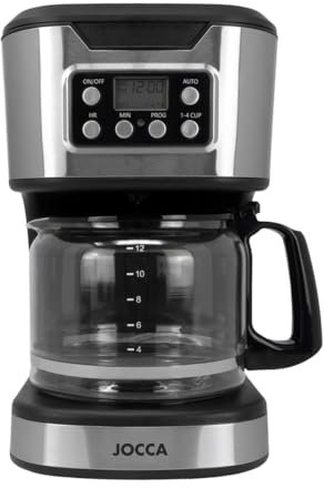 Jocca - Cafetera de Goteo Digital 1500 ml 900W | 12 Tazas | Jarra de Cristal | Filtro Lavable | Placa Calefactora | Temporizador | Función Pausar y Servir