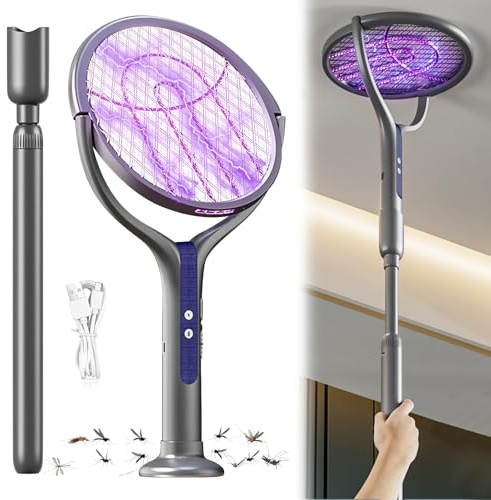 Matamoscas eléctrico con varilla de extensión, 2800 V, matamoscas eléctrico, con luz UV, cabezal giratorio de 90°, carga USB-C, red de protección segura, trampa para moscas eléctrica