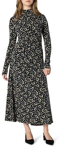 Amazon Essentials Vestido Maxi Corto de Manga Larga, Entallado y con Vuelo Mujer, Azul Marino Crema Pétalos, XL