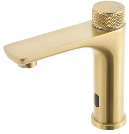 Grifo con sensor de infrarrojos, automático sin contacto, con función de almacenamiento de temperatura, cable USB y funcionamiento con pilas, grifo mezclador de inducción (dorado)