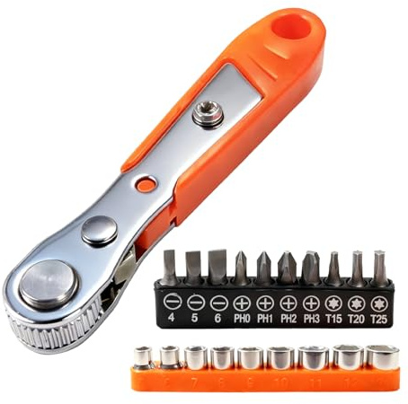 Vexorlian Mini Ratchet Wrench – Compact 1/4 Inch Drive Magnetic Screwdriver for Tight Spaces, High Torque Reversible Offset Wrench with Bits Set and Socket