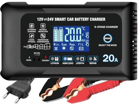 Haisito 20A Autobatterieladegerät, 12V 24V 20A, Erhaltungsladegerät und Entschwefelungsgerät, geeignet für Lithium, LiFePO4, Bleisäure (AGM, Gel usw.) Motorräder, Autos, Boote, Rasenmäher usw.