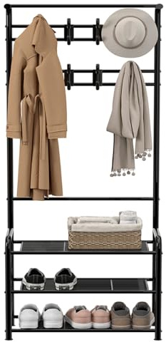 Innotic Coat Rack Stand with Shoe Rack, 182cm Removable 16 Hooks Free Standing for Hallway Entryway Narrow Small Space Storage, Matte Steel Frame Hat Bag Stand, Black