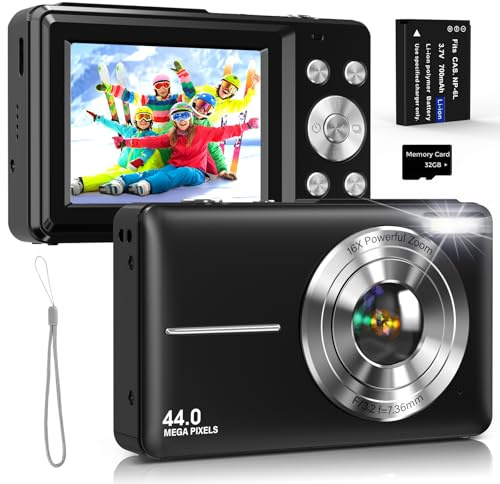 Cámara Digital Cámara de Fotos 44MP con Vídeo HD 1080P, Antivibración, Pantalla IPS de 2,4 Pulgadas, Zoom Digital 16X, Tarjeta de 32GB, 1 Batería para Niños y Adolescentes Negro