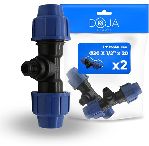 DOJA Barcelona Raccordo a T Maschio a Compressione MDPE - 20x1/2x20 - Pack 2 - Connettore a T per Tubi PE a Innesto Rapido, Ottimo Serraggio, Raccordi a Compressione Anticorrosione per Acqua Potabile
