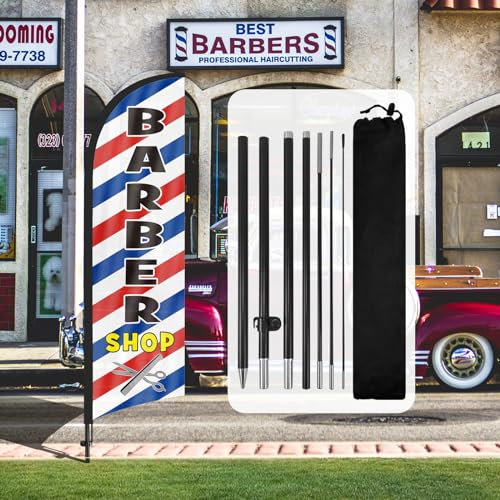 QSUM Barber Shop-Federflagge,8FT Barbershop-Werbe-Swooper-Flagge mit Stangen-Set, Erdspieß,Barber Shop-Schilder für Unternehmen und Schaufenster
