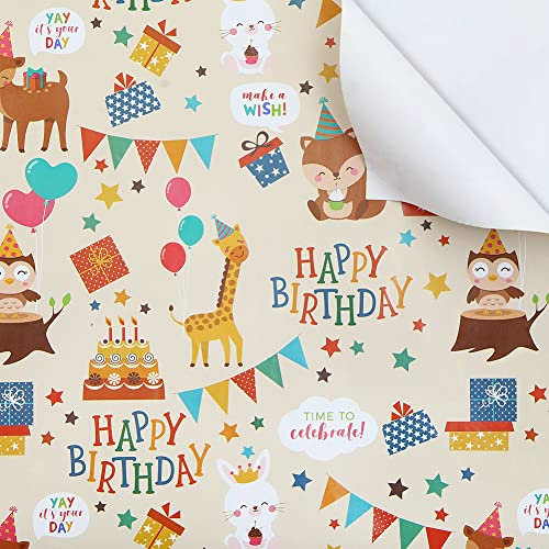 Geburtstags-Geschenkpapier für Kinder, Mädchen, Jungen, Tiere, Party-Design, Geschenkpapier für Geburtstag, Babyparty, 6 Blatt flach gefaltet, 50 x 70 cm pro Blatt