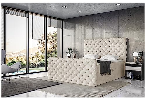 MEBLINI King Boxspringbett mit Bettkasten - Gepolstert Doppelbett mit Matratze und Topper - Polsterbett mit Stauraum - Bett mit Kopfteil - Stauraumbett - Duke - 120x200 - H3/Creme Samt