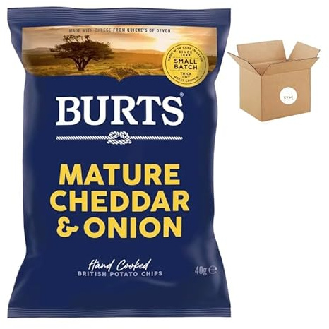 Burts Crisps Hand Cooked Potato Chips 20 X 40G Full | KV&C BRANDED BOX | (Mature Cheddar & Onion)