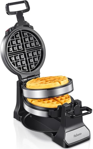 Belgian Waffle Maker, Classic Rotating Waffle Iron with Nonstick Plates, Removable Drip Tray and Cool Touch Handles, Double Flip Waffle, Rotating Belgium Waflera Maker by Yabano, Brushed Stainless