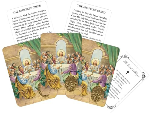 Trendzeen Apostles Creed Card - 5 Laminated Apostle Creed Holy Cards with Embossed Medal for Daily Praying, The Lord's Prayer - Last Supper Theme Cardstock Catholic Set - Total 6 Items