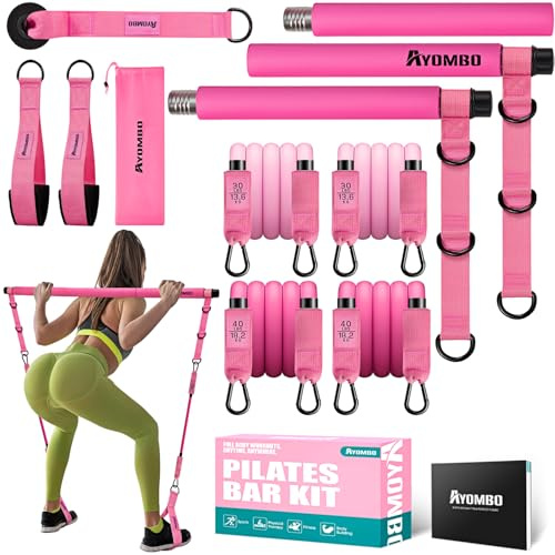 Pilates Bar Kit with Resistance Bands, Pilates Workout Equipment for Legs, Hip, Waist, Arm, Squats Exercise Equipment for Home Workouts, Adjustable 3-Section Pilates Bar Kit for Women & Men