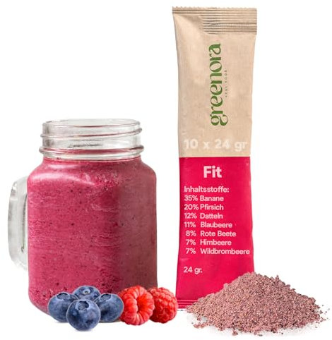 GREENORA Smoothie Vegano Fruta Liofilizada en Polvo 100% Natural. Deshidratada. Plátano Melocotón Dátil Arándanos Remolacha Frambuesa. 10x24g