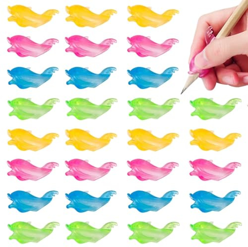 Agarres para lápices, 30 piezas de silicona suave con diseño de delfín de peces, para escribir a mano, soporte para lápices, herramientas de corrección de postura para niños pequeños, preescolares,