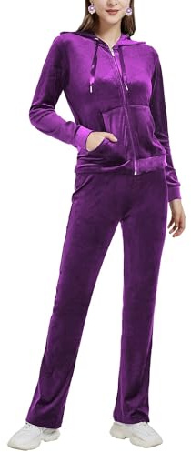 Woolicity Damen Hausanzug Velours Nicki Freizeitanzug Trainingsanzug Set Sportanzug Jogginganzug Schlafanzug mit Reißverschluss Oberteil und Hose Set Lila XL