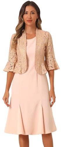 Allegra K Mujer Conjuntos Vestido 2 Piezas De Encaje Brillante Manga Larga Recortada Hombros Sin Mangas Fiesta Boda Vestido Midi Traje Rosa M