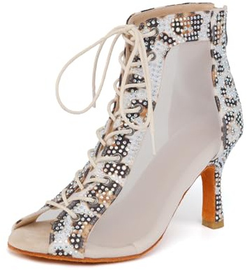 SWDZM Bottines de Danse Femme Strass Peep Toe Lacets Talons Hauts Latin Salsa Show Party Dance Boots,Léopard,Talon-8.5CM,EU 37.5