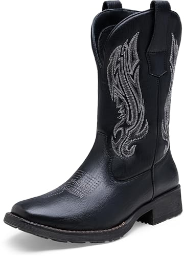 Jousen Cowboy Boots for Men Embroidery Men's Western Boots Retro Square Toe Mens Boot Botas Vaqueras Para Hombre (AMY8420 black 10)