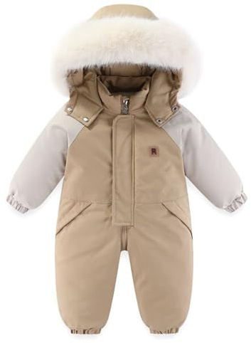 BRONG Invierno Niños Traje de Esquiar Mono Impermeable Una Pieza Encapuchado Mameluco Forro Polar Chaquetas de Esquí Niñas Cremallera Caqui 18-24 Meses