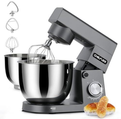 CHeflee Impastatrice Planetaria 1500W Robot da Cucina Multifunzione con 4,5 e 5,5 L Ciotola in Acciaio inox,10 velocità,con Gancio per Mescolare,Gancio per Impastare Impastatrice Professionale(Grigio)
