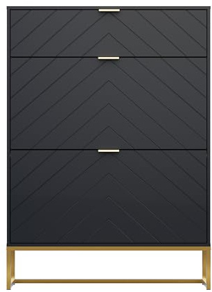 UEV 80cm Wide Shoe Storage Cabinet, 2 Flip Drawers + Top Shelf, Tilt-Out Storage for 16 Pairs, Modern Hallway Cupboard, Black with Gold Legs