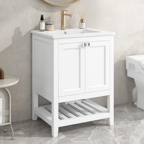 boorbin Mobile da bagno singolo con base 60 cm con lavabo in ceramica (bianco)