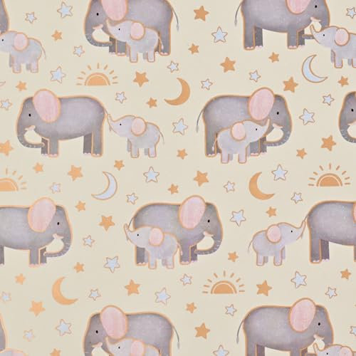 Geschenkpapier 70cm x 2m Rolle Elefant mit Baby - Geschenkpapierrolle mit Sonne Mond & Sternen - Babypapier für Geburt Babyshower Taufe - Verpackungspapier für Geschenke Kindergeburtstag