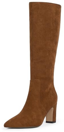 VIUGJNEX Brown Suede Boots for Women Knee High 3 Inch Chunky Heel Pointed Toe Tall Long Boots Dressy Sexy Comfortable Block Heel Boot, Size 8.5
