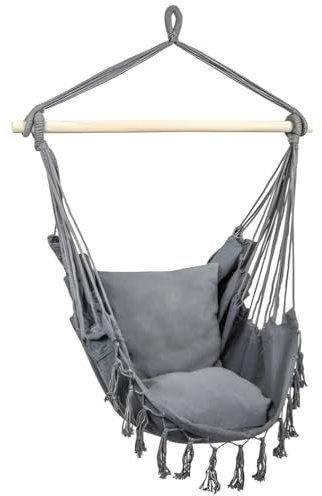 ZOLTA Hängesessel mit Kissen 130x95 cm - Indoor- und Outdoor Schlafzimmer, Camping und Garten - Hängematte - Hängeschaukel - Hängender Schaukelstuhl - Hammock für Kinder und Erwachsene - Boho Grau