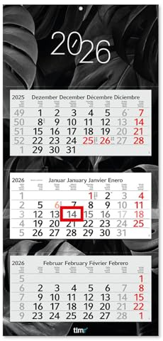 Timr 3-Monatskalender 2026 - Wandkalender 3 Monate mit Schieber - 70 cm Dreimonatskalender mehrsprachig D/GB/F/ES I Motiv Schwarz I tr334